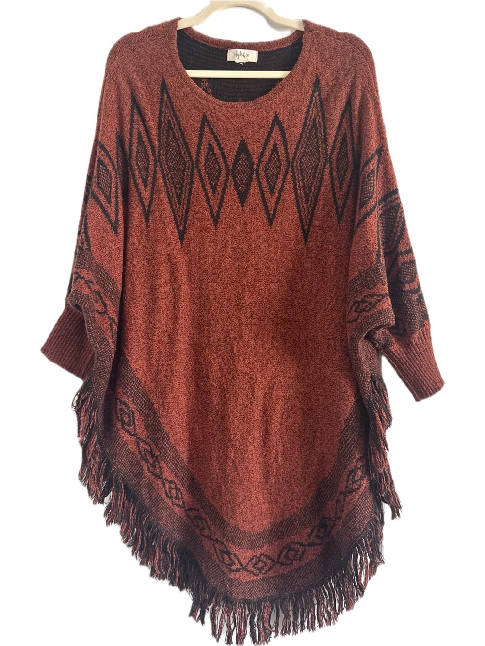 Style & Co. Brown and Black Diamond Pattern Fringe Poncho Sweater